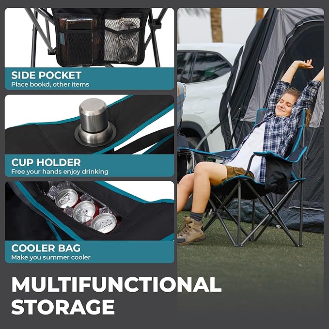 FUNDANGO Oversized Camp Chair, 2 Pack,550lbs Heavy Duty Portable Foldable Lawn Chair with Padded Lumbar Support Seat & Back, 4-can Cooler & Cup Holder, Carry Bag Included for Outdoor (Black/Grey)