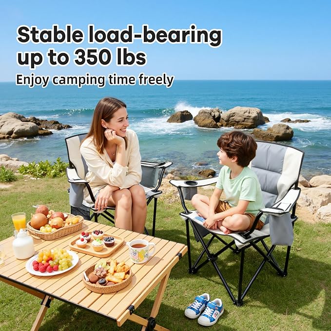 Heavy Duty Camping Chairs 600D Oxford Portable Folding Chair - Extra Wide Armrests, Cup Holder & Cooler Bag, Supports 350lbs, Ideal for Outdoor, Beach, Picnic & Sports