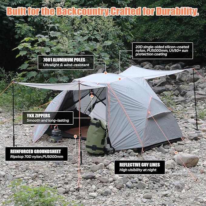 2 Person Camping Tent – Waterproof Easy Setup, Spacious Freestanding Double Door Shelter with Aluminum Poles for Camping & Festivals (Weight: 6.4 lbs)