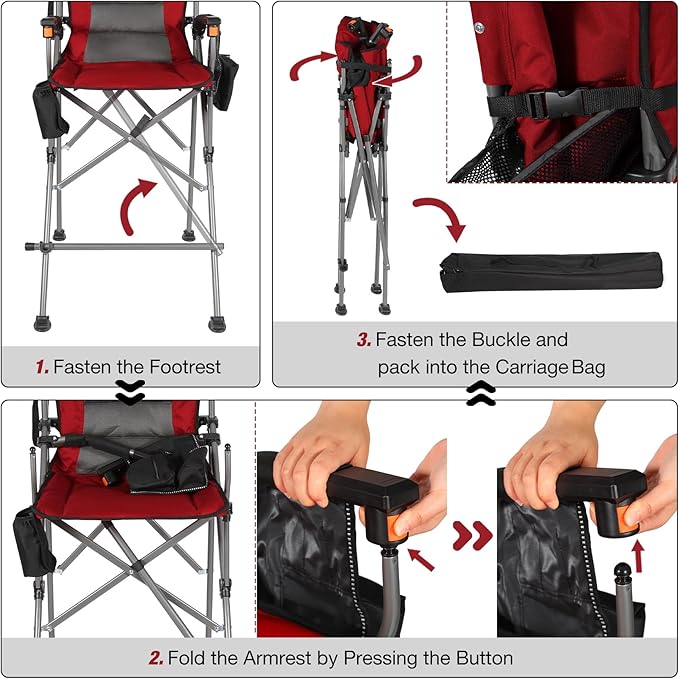 Extra Tall Folding Chairs for Adults 330lbs, Portable Bar Height Foldable Director Chairs for Camping Outside, Comfortable with Makeup Pocket, High Back and Footrest,Red