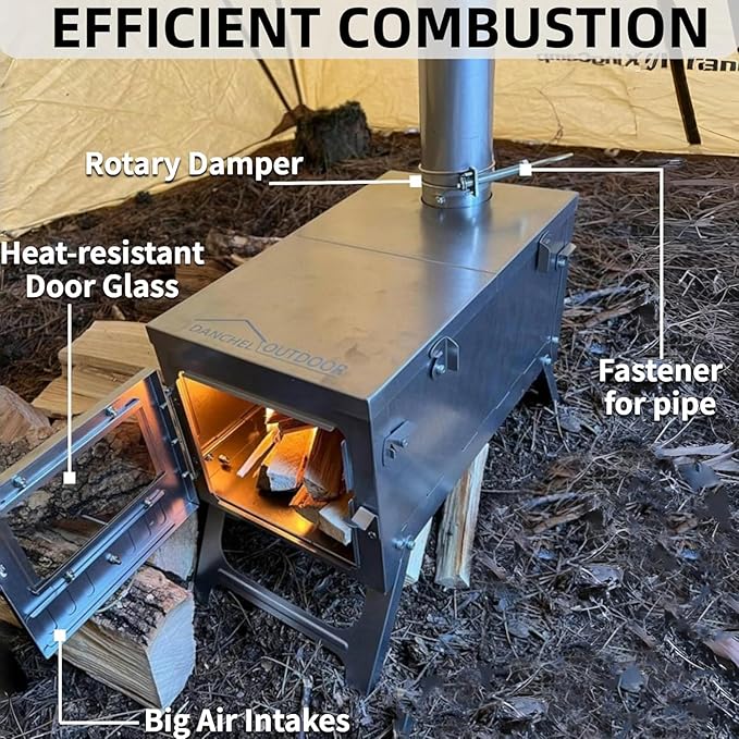 DANCHEL OUTDOOR S6/SSG Folding Camping Stove, 304 Stainless Steel Wood Burning Stove with 7.2ft Chimney, Portable Hot Tent Stove Solo Camping Survival Backpacking, Lightweight & Compact Design