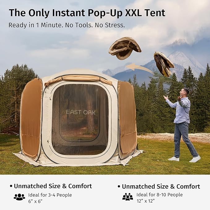 EAST OAK 12ร12 FT Pop Up Canopy Tent with Mesh | Outdoor Screen House with 6 Sunshades | Instant Canopy with Portable Carry Bag | Gazebo Tent for Camping, Patio, and Beach | Beige