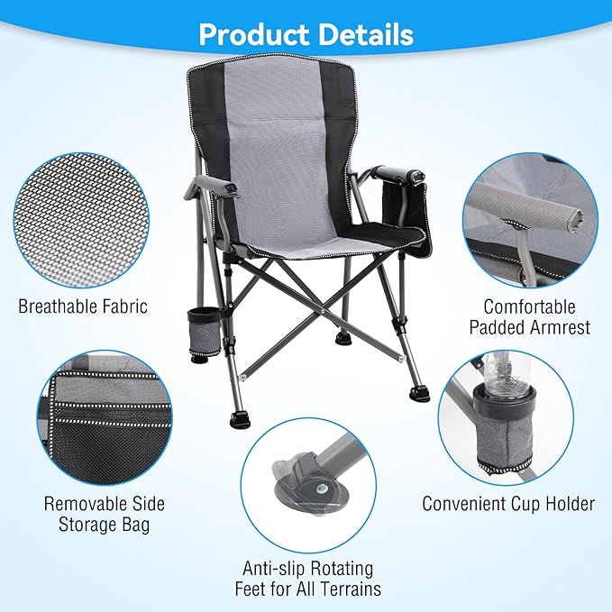Camping Chair for Adults Heavy Duty Outdoor Patio Lawn Chairs Portable Support 350 LBS High Back Padded Oxford with Armrests, Storage Bag, Cup Holder, for Outside Fishing, Camping, Foldable