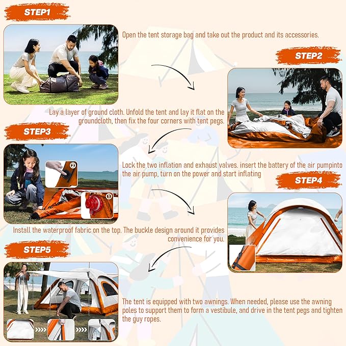 Automatic Inflatable Tent for Camping 4 Person, Pop Up Tents for Camping with 2-3 Min Set Up, Windproof Waterproof Tents with Mosquito Screen Window, Portable Tent for Traveling