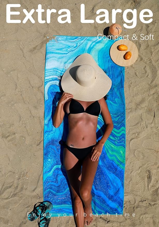 Microfiber Lightweight Beach Towel Sand Free Quick Dry Absorbent Thin Compact Towels for Swimming Pool Camping Beach Accessories Large Easy Pack Travel Things for Vacation Essentials Gift Adult