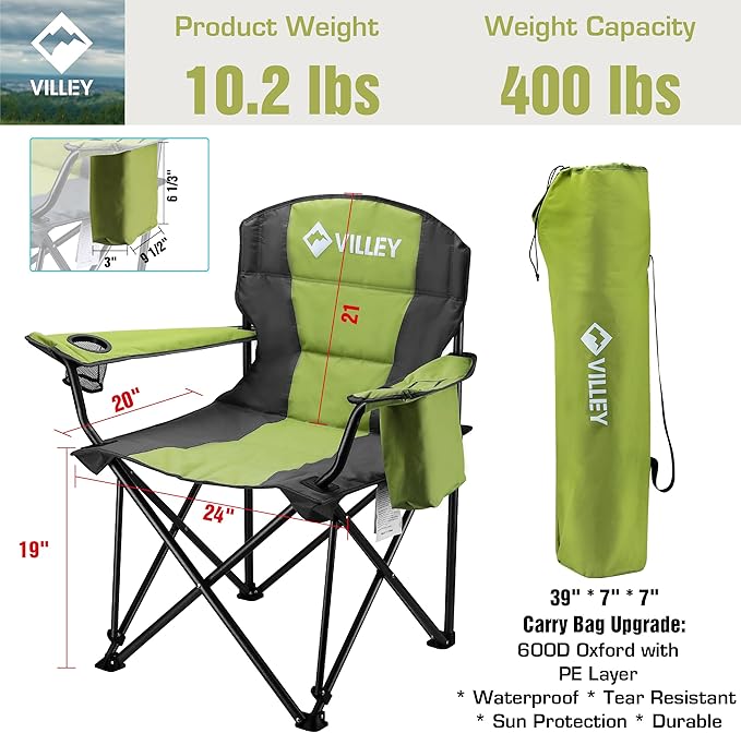 VILLEY Camping Chair, Oversized Folding Camp Chair, Portable Outdoor Chairs Support 400 LBS with Padded Seats, Cooler Bag, Cup Holder, Carry Bag, Green