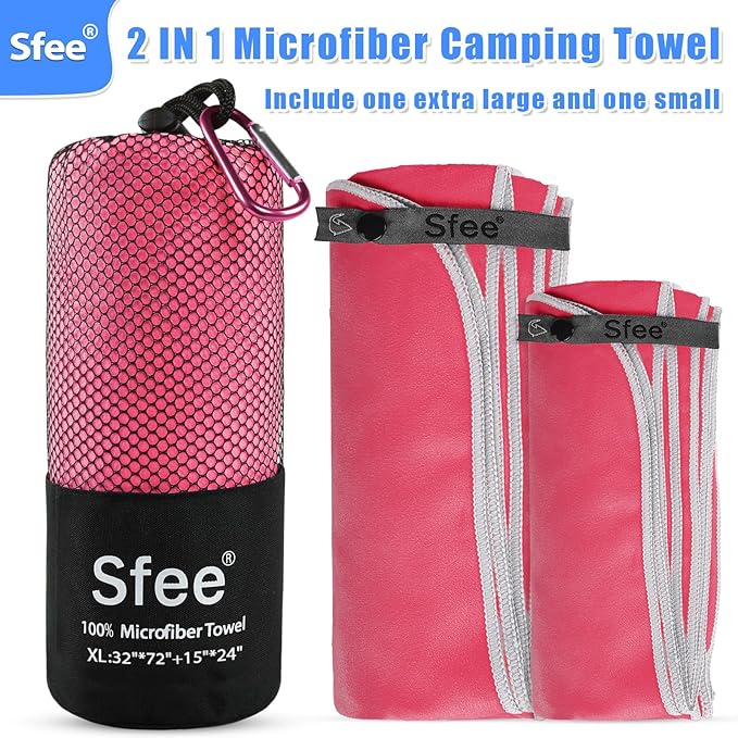 Sfee 2 Pack Microfiber Travel Towel, Quick Dry Towel Camping Towel Large Beach Towel Super Absorbent Compact Lightweight Sports Towel Gym Towel Set for Beach, Gym, Hiking, Pool, Backpacking,Bath,Yoga