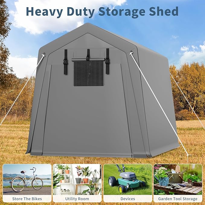 GAOMON 6'x8' Outdoor Portable Garage, Waterproof & UV-Resistant Storage Shed with 2 Roll-Up Doors, Carport Tent for Motorcycle, Bike, and Tools, Gray
