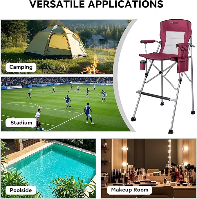 Foldable Directors Makeup Salon High Chair - Portable Camping Bar Height Folding Photoshoot Chairs with Stroage Bag Cup Holder Non-Slip Footrest, Supports 400 lbs Red Tall Director Chair