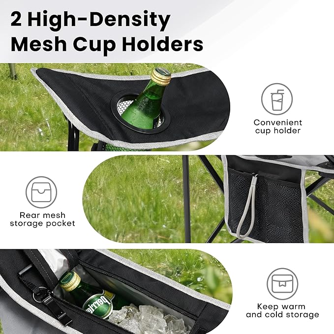 XMT Extra Wide Armrests Portable Folding Chair with Cup Holder Cooler Bag Heavy Duty 600D Oxford Fabric Supports 450lbs Compact Foldable Camping Chair for Outdoor Beach Picnic Sports