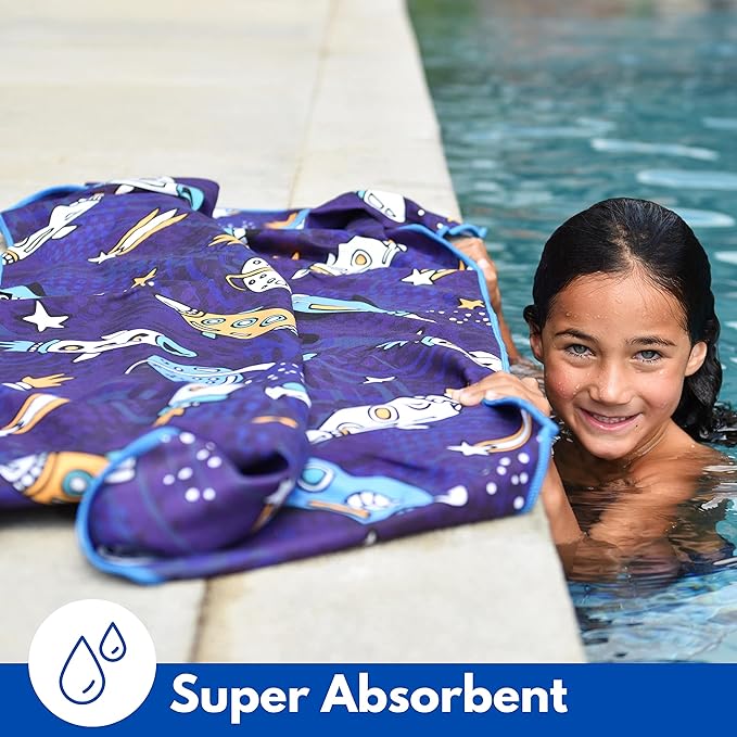 ECCOSOPHY Microfiber Kids Beach Towels & Pouch 60"x30" for Girls & Boys - Quick Dry Pool Towels - Sand Free Beach Blanket for Travel - Camping - Vacation - Toallas Playas