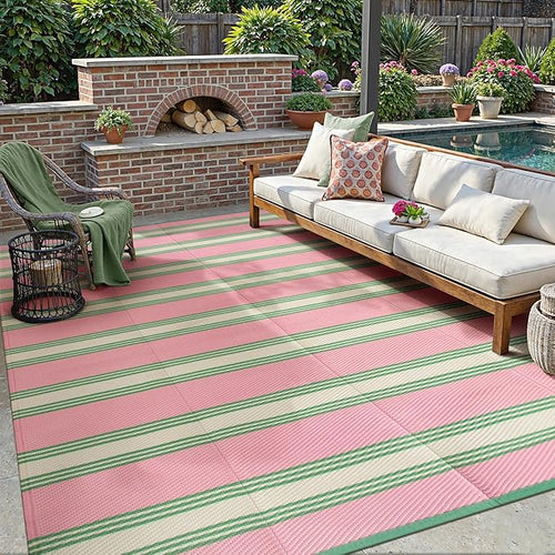Lahome Striped Outdoor Rug 8x10 Patio Waterproof, Reversible Outdoor Plastic Straw Rug for Camping, RV Patio Rugs Outside Large Carpet for Porch Deck Backyard Picnic(Pink/Green,8'x 10')