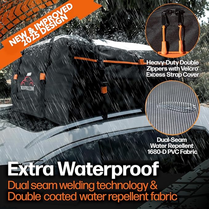 RoofPax Waterproof 19 Cubic Feet Rooftop Cargo Carrier Bag – Heavy Duty Car Roof Storage with Double Zipper & Tie Down Straps – Fits Cars with or Without Roof Rack