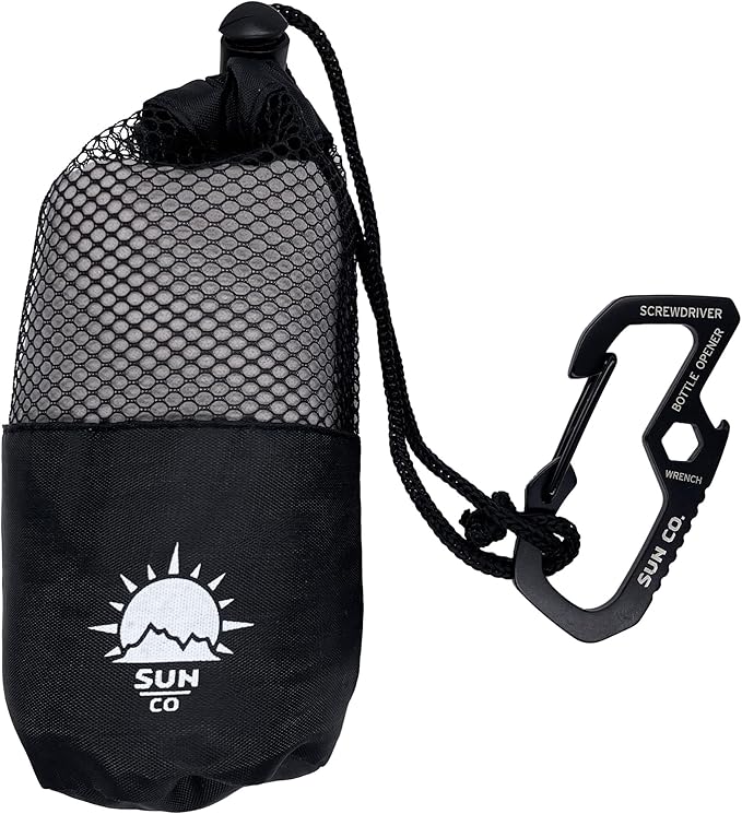 Sun Company QuickClip Camp Towel - Ultra-Absorbent Microfiber Towel with Carabiner Multi-Tool | Includes Screwdriver, Hex Wrench, and Bottle Opener | for Camping, Hiking, Travel, or Running