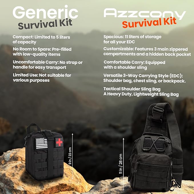 Emergency Survival & First Aid Kit & Tourniquet - 250 PCS Go Bugout Bag Survival Gears with Compass Flashlight Shovel - Tactical Military Grade EDC Backpack for Outdoor Camping Scout
