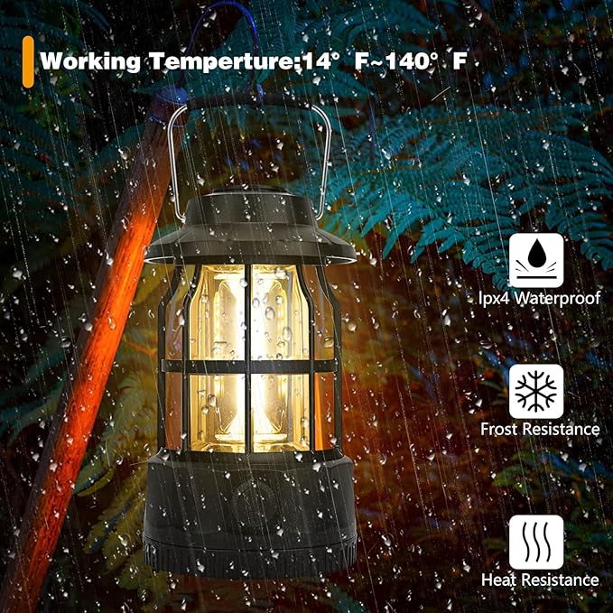 Camping Lantern Rechargeable USB Powered, Stepless Dimmer, Metal Retro Camping Light Waterproof Hanging LED Vintage Tent Lamp for Outdoor Hiking Fishing Emergency (Black)