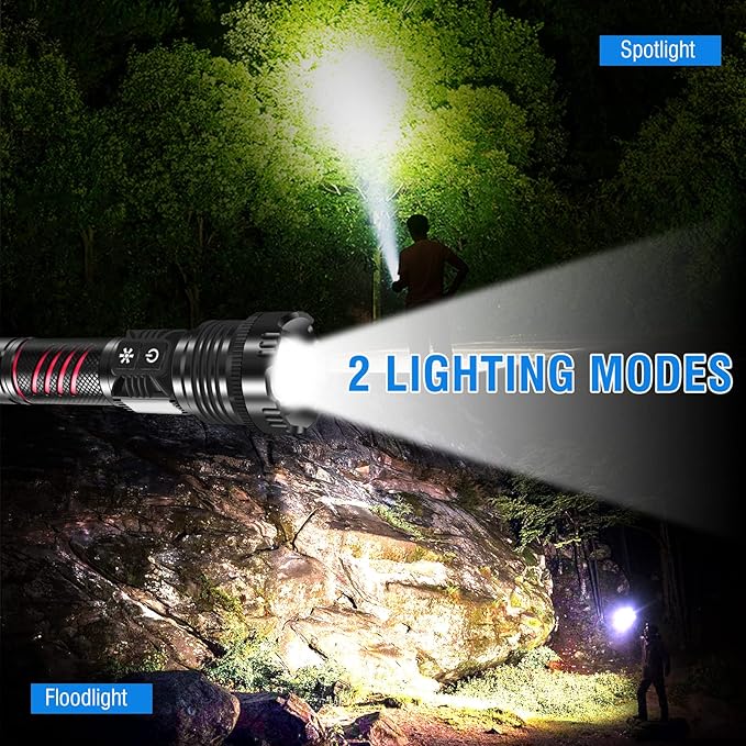 BORUIT Rechargeable Flashlight High Lumens 20000 Lumens LED White Red Light Torch,8 Modes IPX4 Waterproof Powerful USB C Tactical Flashlight Work Light for Outdoor, Emergency & Daily Use