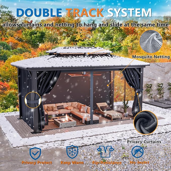 HOTEEL 10x15 Hardtop Gazebo on Clearance with Heavy Duty Galvanized Steel Double Metal roof,Aluminum Frame,Patio Gazebo with Curtains and Netting,Outdoor Permanent Gazebo Pavillon for Backyard,Black