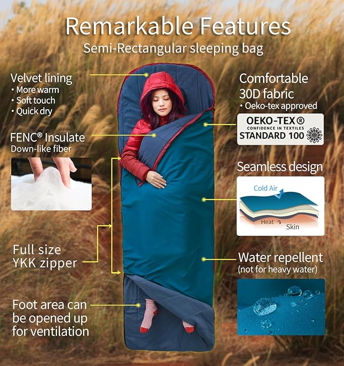 Litume Compact Velvet Lined Sleeping Bag, Lightweight Three Season Sleeping Bag, Water Repelling Sack for Warm and Cold Weather, Comfortable, Backpacking, Hiking, Camping, Traveling