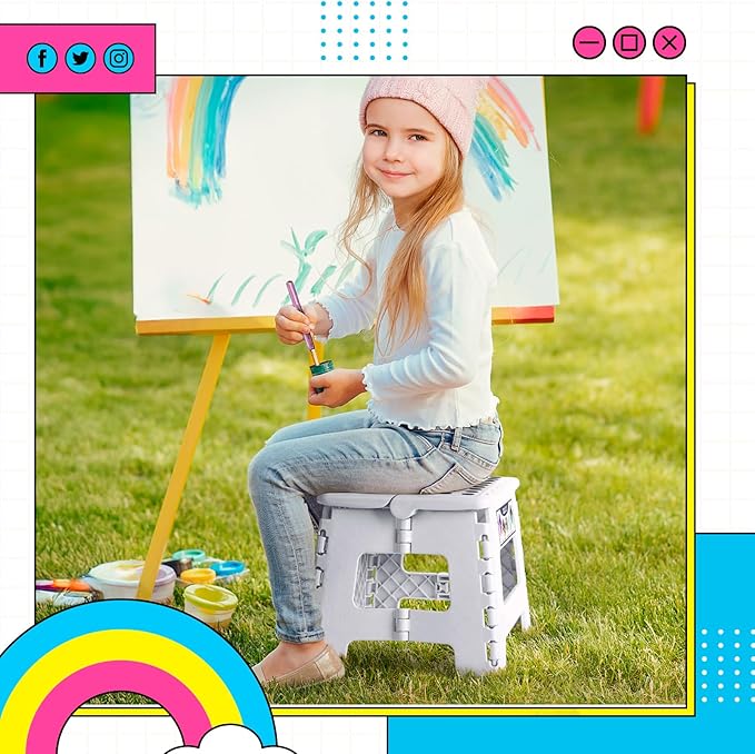 Delxo 9 Inch Folding Step Stool,White Step Stools for Kids Foldable,Portable Collapsible Step Stool with Handle, Folding Stool for Kitchen Bathroom,Bedroom,Garden