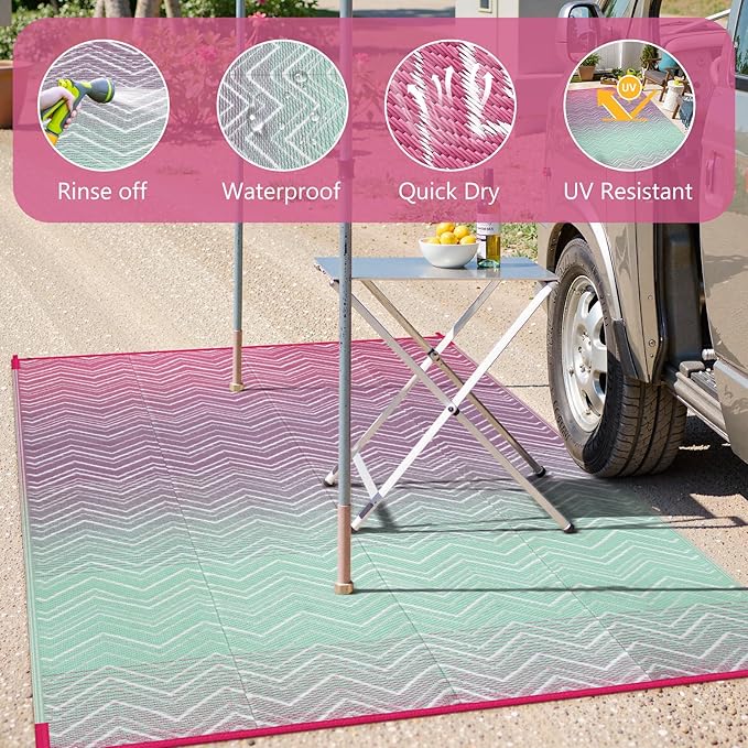 Lahome Outdoor Rugs 8x10 Waterproof, Reversible Plastic Large Outdoor Rug for Patios, Outside RV Mat Carpet for Patio Deck Porch Backyard Balcony Picnic Trailer(Pink/Green, 8' x 10')