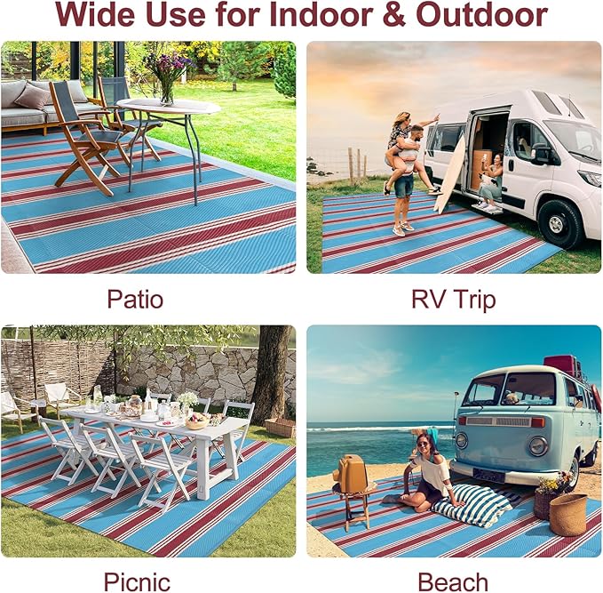 Lahome Striped Outdoor Plastic Straw Rug, Reversible Outdoor Rug Waterproof 9x12 Rugs for Patio, RV Camping Rug Picnic Mat Large Outside Carpet for Beach Deck Backyard Balcony(Blue/Red,9'x 12')