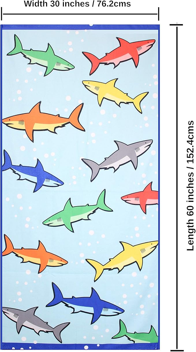 Microfiber Beach Towel for Kids - Thin and Large (30"x60") - Shark - Absorbent, quick dry, sand free, lightweight, blanket - toddler, girls, boys - For Sports, Pool, Picnic, Camping, Travel, Swim