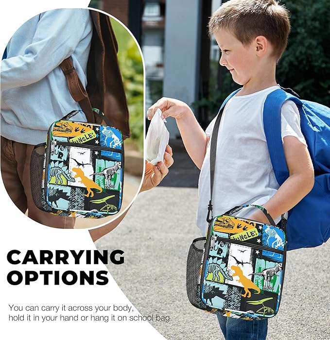 Clastyle Black Dinosaur Insulated Lunch Bag for Kids, Portable Large Thermal Cooler Lunch Bag for Boys, School Lunch Box Bag with Bottle Holder