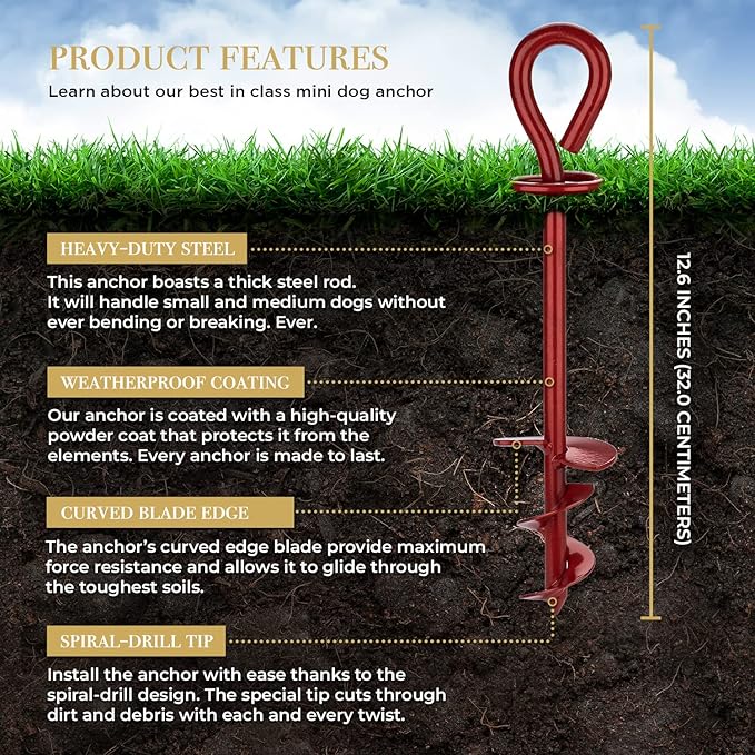 Dog Tie Out Stake - Heavy Duty Dog Stake for Large Dogs up to 125 lbs, Dog Stakes for Outside, Dog Anchor, and Dog Gadget | Use Any Dog Tie Out Cable or Dog Yard Leash (MR1-Crimson Red)