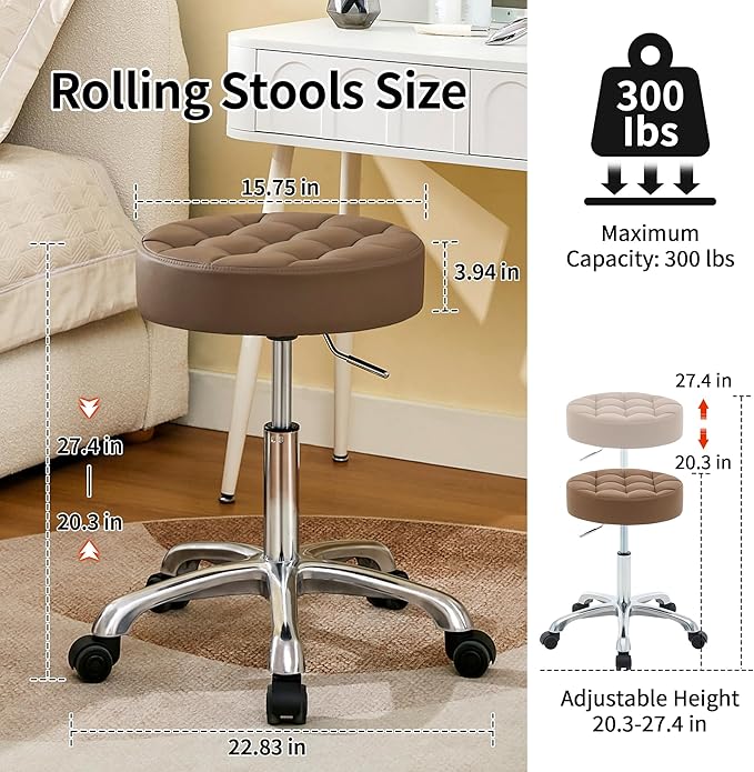 Rolling Stools with Wheels (300lbs Capacity) (Adjustable Height 20"-27") Brown Leather Manicure Guitar Lash Stool (Coffee Brown)