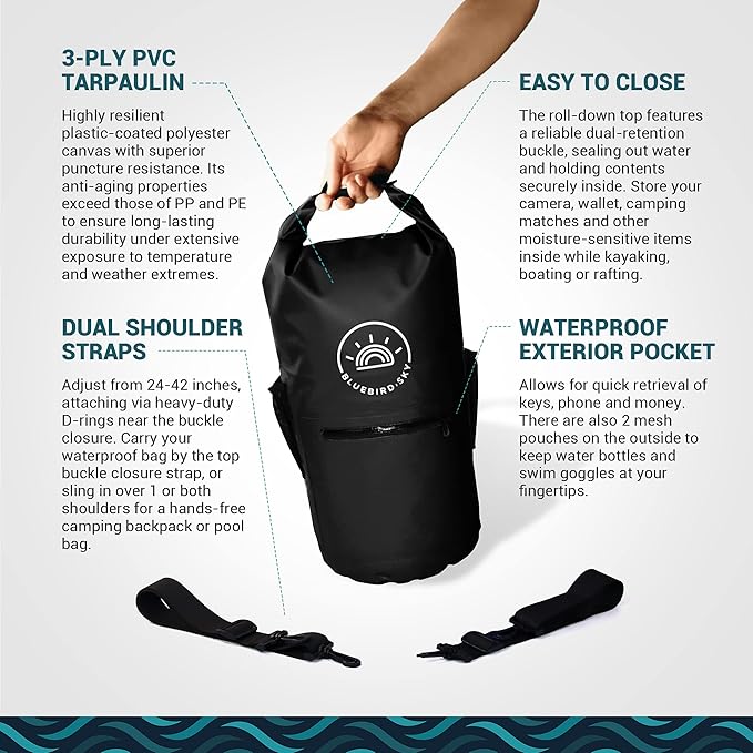 Waterproof Dry Bag with 2 Adjustable Straps, Waterproof Backpack, Essential Camping Accessories, Black, 23.2in x 9.45in - Size 20L