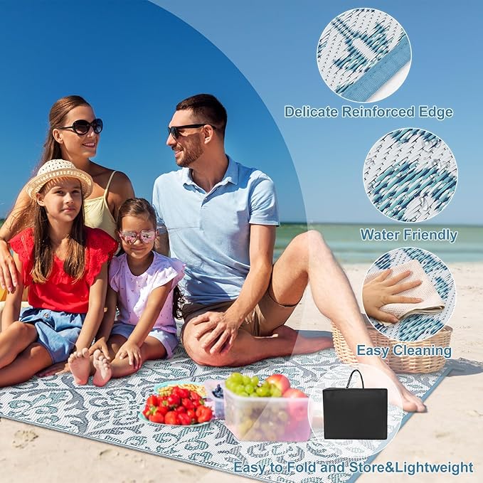 Lahome Patio Rug 6x9 Deck Rugs Outdoor Waterproof for Outside, Plastic Straw Rug Reversible Rv Mat,Large Portable Porch Floor Camping Carpet for Balcony Tent, Blue & White 6x9
