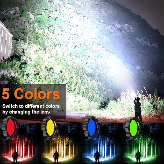 Magnetic Flashlights Rechargeable 200000 High Lumens, Super Bright LED Handheld Flashlight, Powerful Multi-Color Tactical Flash Light with Red Green Blue Yellow Filters, Best for Camping Hunting