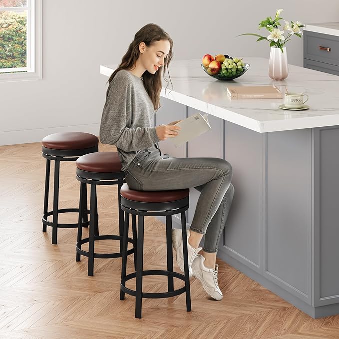 IDEALHOUSE 24'' Swivel Bar Stools Set of 4 with Footrest, Modern Counter Height Barstools with PU Leather Upholstered and Metal Frame, Backless Round Bar Stools for Kitchen Island, Brown