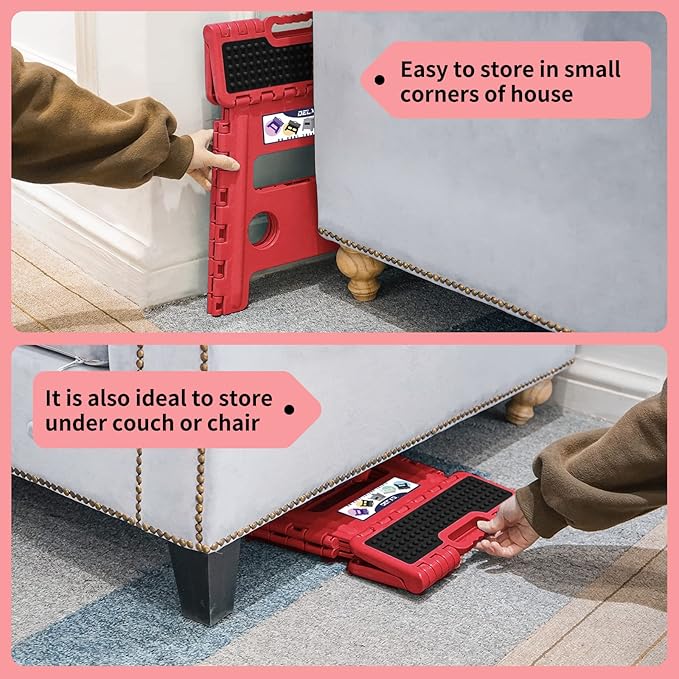 Delxo Folding Step Stool,Non-Slip Stool 13 inch Height Premium Heavy Duty Foldable Stool for Kids and Adults,Kitchen Garden Bathroom Steppingstool 1 Pack in Red,Dotted Texture