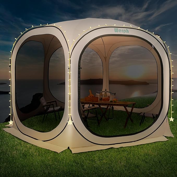 Pop Up Screen Tent Canopy, Portable Screen Canopy with Mosquito Net, Outdoor Screen Room Tent 12 x12 FT with Carry Bag for Lawn & Garden, Parties,Beige