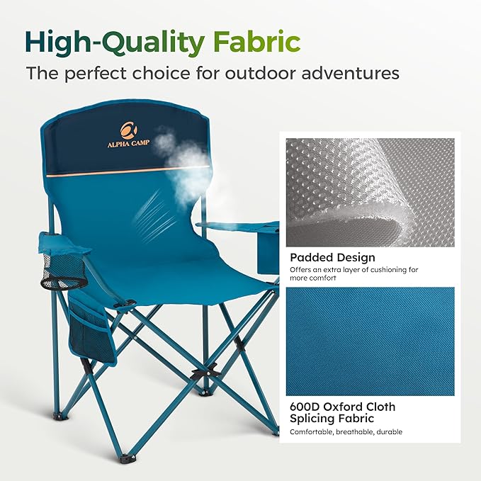 ALPHA CAMP Folding Camping Chairs for Adults Lawn Chairs Outdoor Chairs Support 250 LBS Portable Camp Chairs with Cup Holders Cooler Pouch for Outdoor, 2 Pack (Blue)