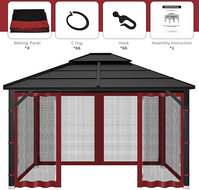 Gazebo Replacement Mosquito Netting Outdoor Universal Gazebo Canopy 4-Panels Screen Sidewalls with Zipper for Patio Garden (Red, 10x12)