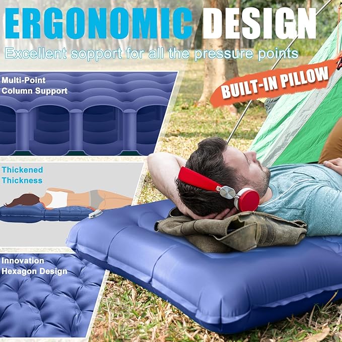 Sleeping Pad, Ultralight Thicken Inflatable Sleeping Pad for Camping, Camping Pad with Carry Bag, Built-in Pillow and Pump (Navy)