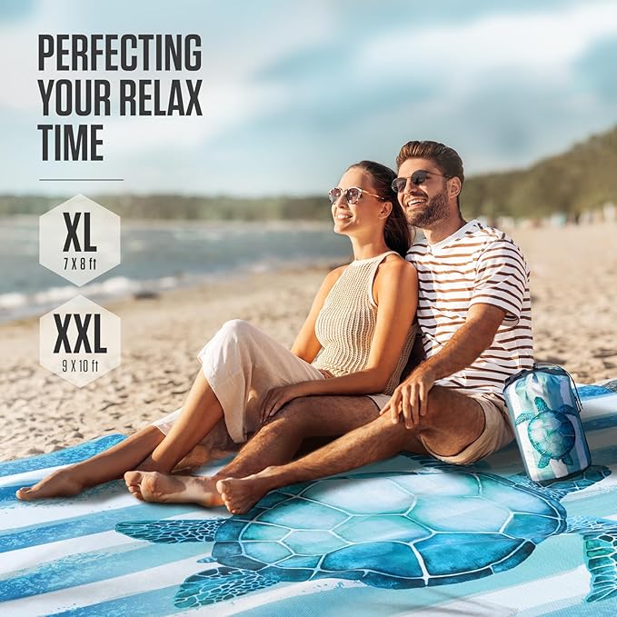 VENTURE 4TH Family-Size Beach Blanket: Sandproof, Waterproof, Lightweight & Compact. Includes Stakes and Carry Bag. 9x10 feet XXL Striped Turtle
