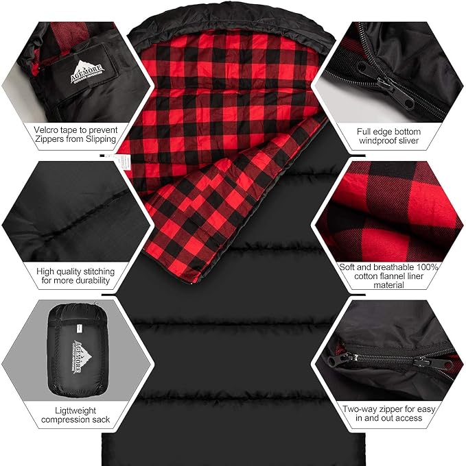 AGEMORE Cotton Flannel Sleeping Bag for Adults, Lightweight XXL Cotton Sleeping Bag for Camping Backpacking or Hiking, Water Resistant 3-4 Season Sleeping bag for Warm & Cool Weather