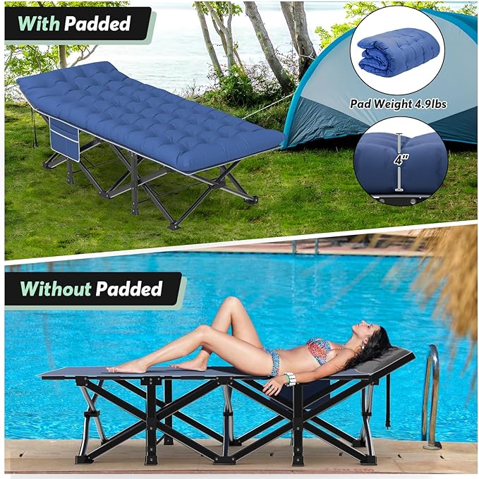Slendor Oversized XXL Camping Cot, Folding Cot for Adults, 79" L x 32" W x 19" H Sleeping Cot with Mattress, Carry Bag, Camp Cot Bed for Travel, Guest, Support 500lbs, Blue Cot+ Blue Pad