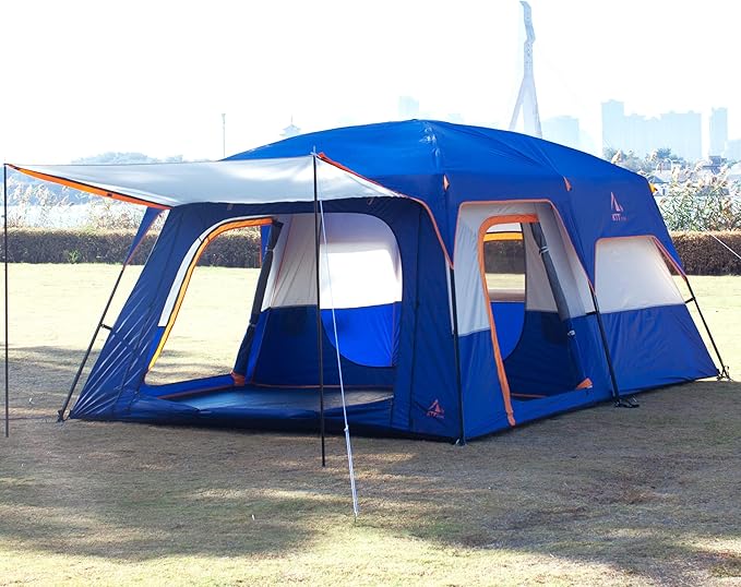 KTT Extra Large Tent 6-10-12-14 Person(B),Family Cabin Tents,2 Rooms,3 Doors and 3 Windows with Mesh,Straight Wall,Waterproof,Double Layer,Big Tent for Outdoor,Picnic,Camping,Family Gathering