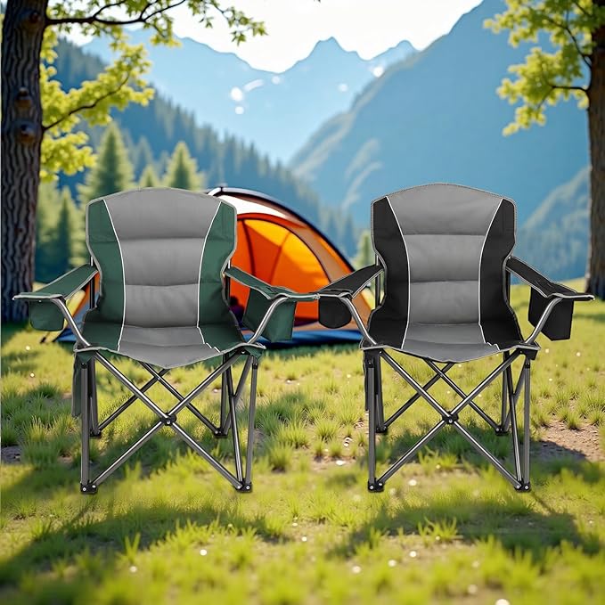 2 Pack Oversized Folding Camping Chairs for Adults, Heavy Duty Lawn Chairs with Cup Holder Storage and Cooler Bag, 450 LBS Weight Capacity, Padded Collapsible Chairs for Outdoor, Garden & Beach