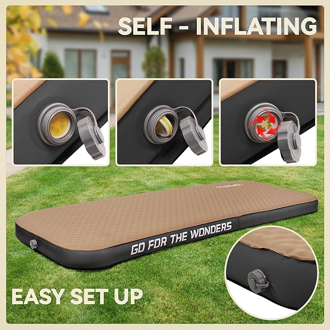 UPWELL Self Inflating Sleeping Pad 4.5" Thickness Camping Mattress with Solid Foam Portable Fast Inflation for Outdoor Single Sleeping Mat Portable Roll Up Bed Brown&Black
