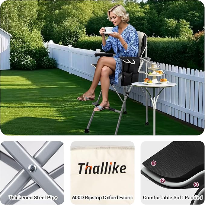 Foldable Directors Makeup Salon High Chair - Portable Camping Bar Height Folding Photoshoot Chairs with Stroage Bag Cup Holder Non-Slip Footrest, Supports 400 lbs Black Tall Director Chair