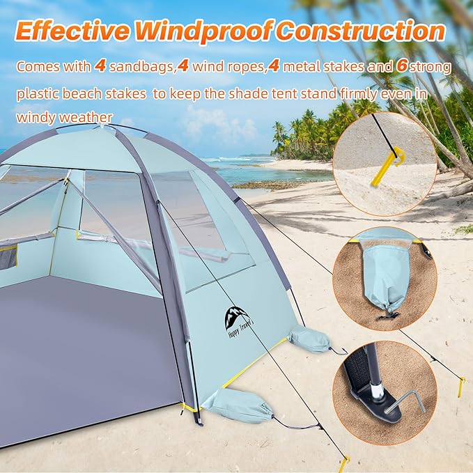 Happy Travel Beach Tent, UPF 50+ UV Protection Sun Shade Shelter for 3/4/5/6/7/8 Person, Portable Beach Canopy for Family & Baby, Lightweight & Easy Setup Beach Cabana with 3 Ventilation Mesh Windows