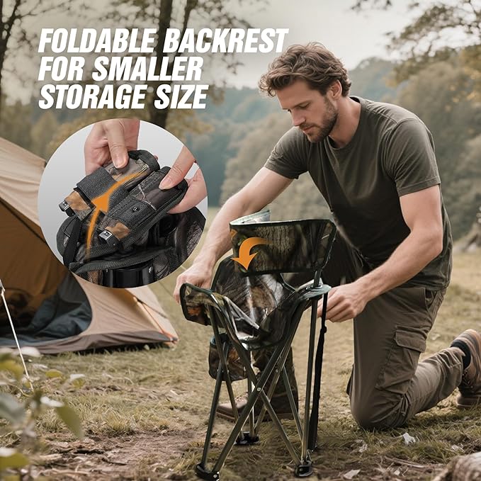 REDCAMP 2 Pack Tall Tripod Chairs for Adults, Folding Lightweight Portable Golf Chairs for Spectators, Compact 3 Legged Tripod Stools Seat with Backrest for Camping Fishing Hunting, Camo
