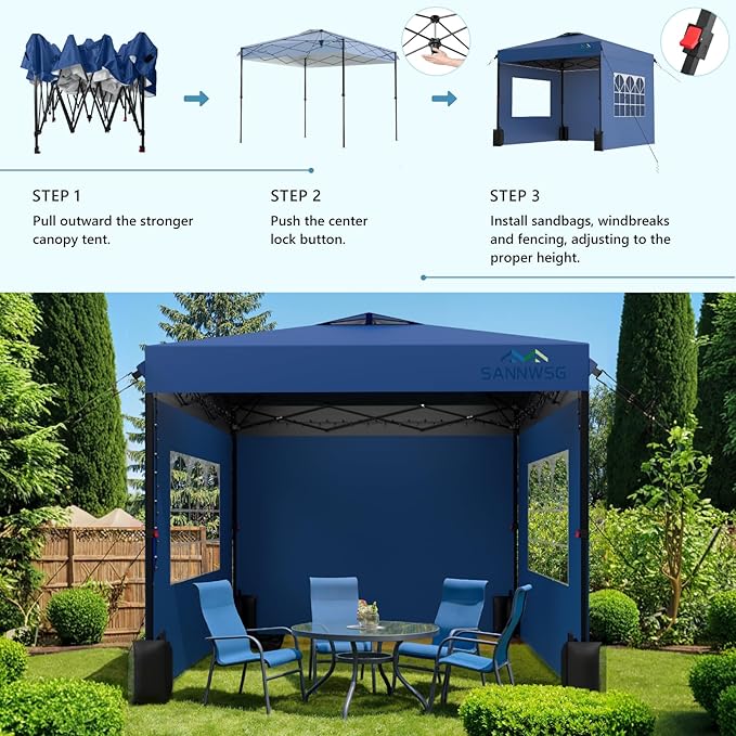10X10 Pop Up Canopy Tent with 3 Sidewalls,Easy Up Canopy,Commercial Instant Shelter,Heavy Duty One Person Set Up Event Tent,Blue