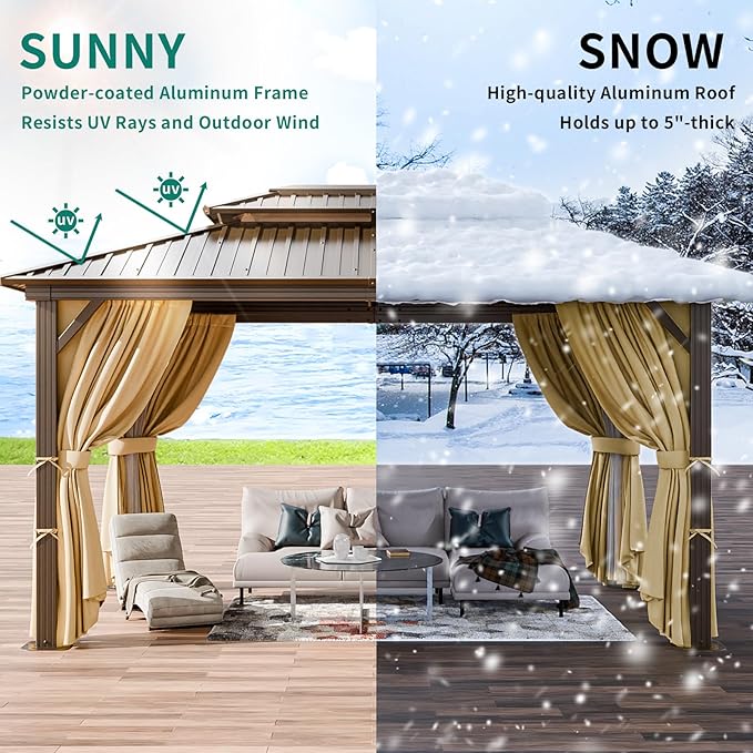 HOTEEL 10x12 Hardtop Gazebo with Heavy Duty Galvanized Steel Double Roof, Aluminum Frame, Flame-Resistant Curtains and Netting, Outdoor Permanent Pavillon for Backyard, Brown (2025 Upgraded)